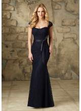 Lace Bridesmaid Dress With Satin Tie Sash and Cap Sleeves