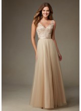 Beautiful Long Tulle Bridesmaid Dress with Embroidery and Beading with Satin Waistband