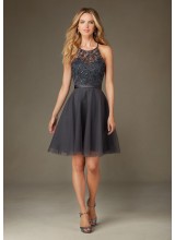 Short Tulle Morilee Bridesmaid Dress with Embroidery and Beading with Satin Waistband