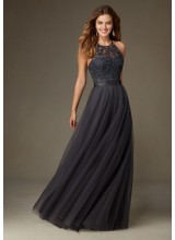 Long Tulle Morilee Bridesmaid Dress with Embroidery and Beading with Satin Waistband