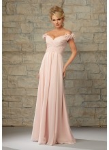 Luxe Chiffon Morilee Bridesmaid Dress with Ruffled Off the Shoulder Cap Sleeves
