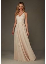 Long Chiffon with Beading Morilee Bridesmaid Dress with V-Neck and V-Back