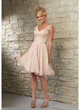 Knee Length Bridesmaid Dress with Lace Bodice and Chiffon Skirt over Nude Lining