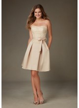 Classic Beaded Lace and Satin Morilee Bridesmaid Dress with Matching Satin Tie Sash