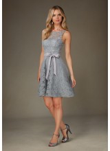 Delicately Beaded Lace Morilee Bridesmaid Dress with Illusion Neckline and Matching Tie Sash
