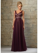 Lace Bodice Bridesmaid Dress with Chiffon Skirt over Nude Lining