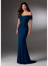 Jersey Special Occasion Dress with Off-the-Shoulder Beaded Lace Bodice