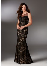 Beaded Lace Social Occasion Dress with Illusion Neckline
