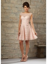 Romantic Knee Length Lace Morilee Bridesmaid Dress with Matching Chiffon Tie Sash